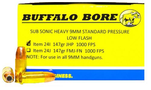 Ammunition Buffalo Bore Ammunition 326 ft lbs 9mm BBA 24I/20    9MM SUBSNC  147 JHP            20/12 • Model: 326 ft lbs